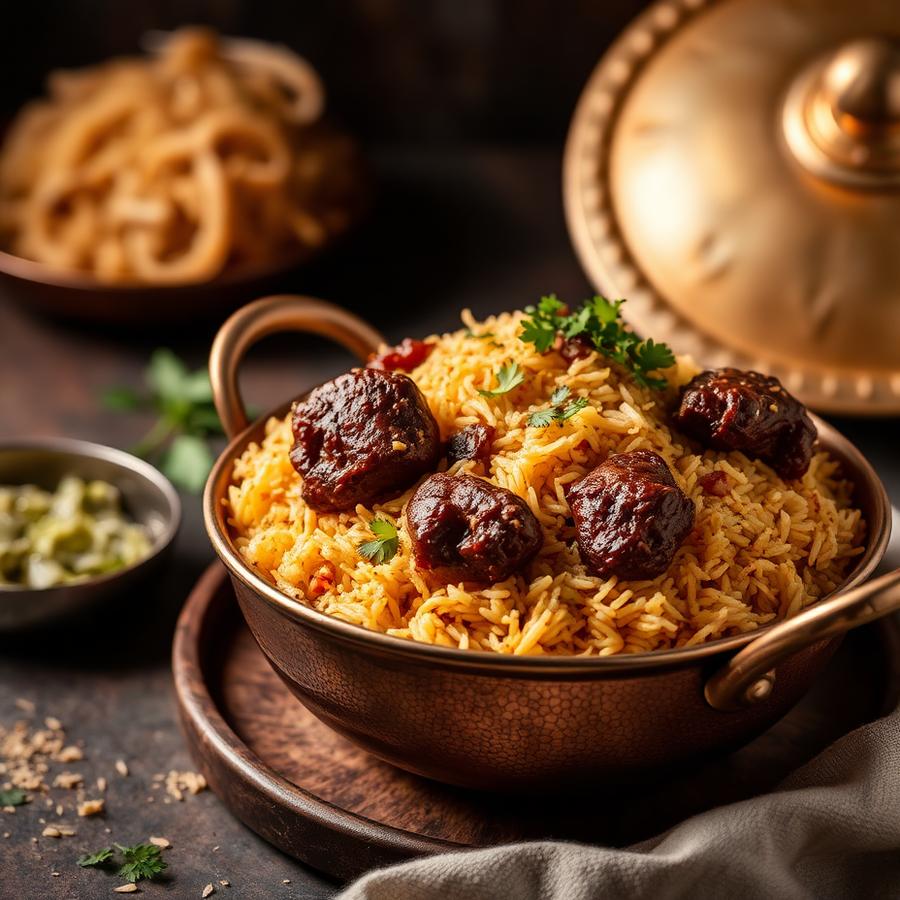 Mutton biryani in a copper handi