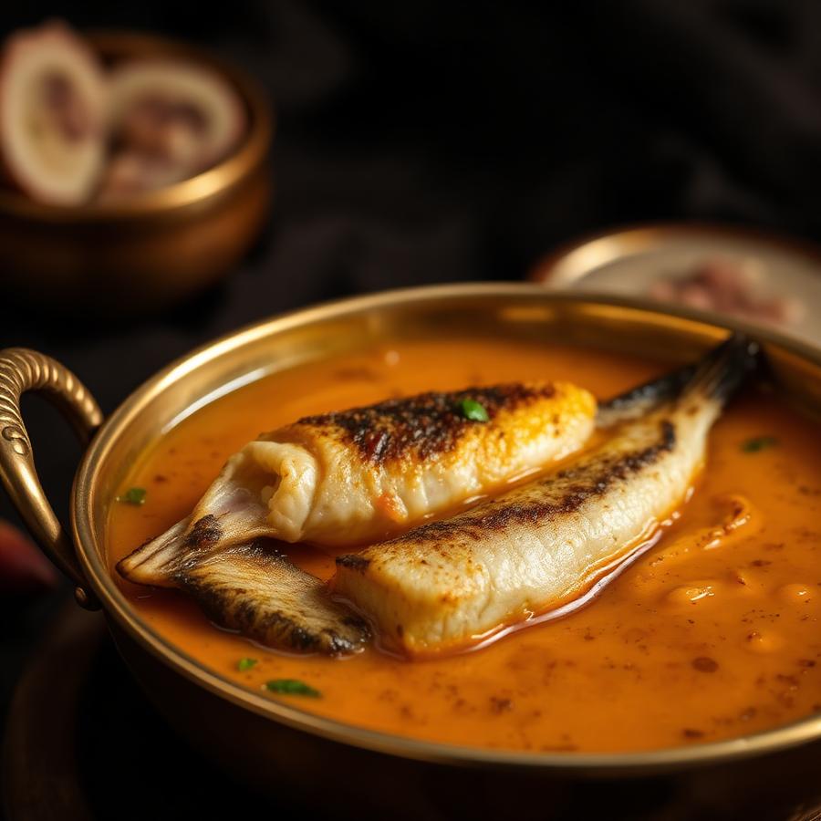 Bengali fish curry served in a brass bowl